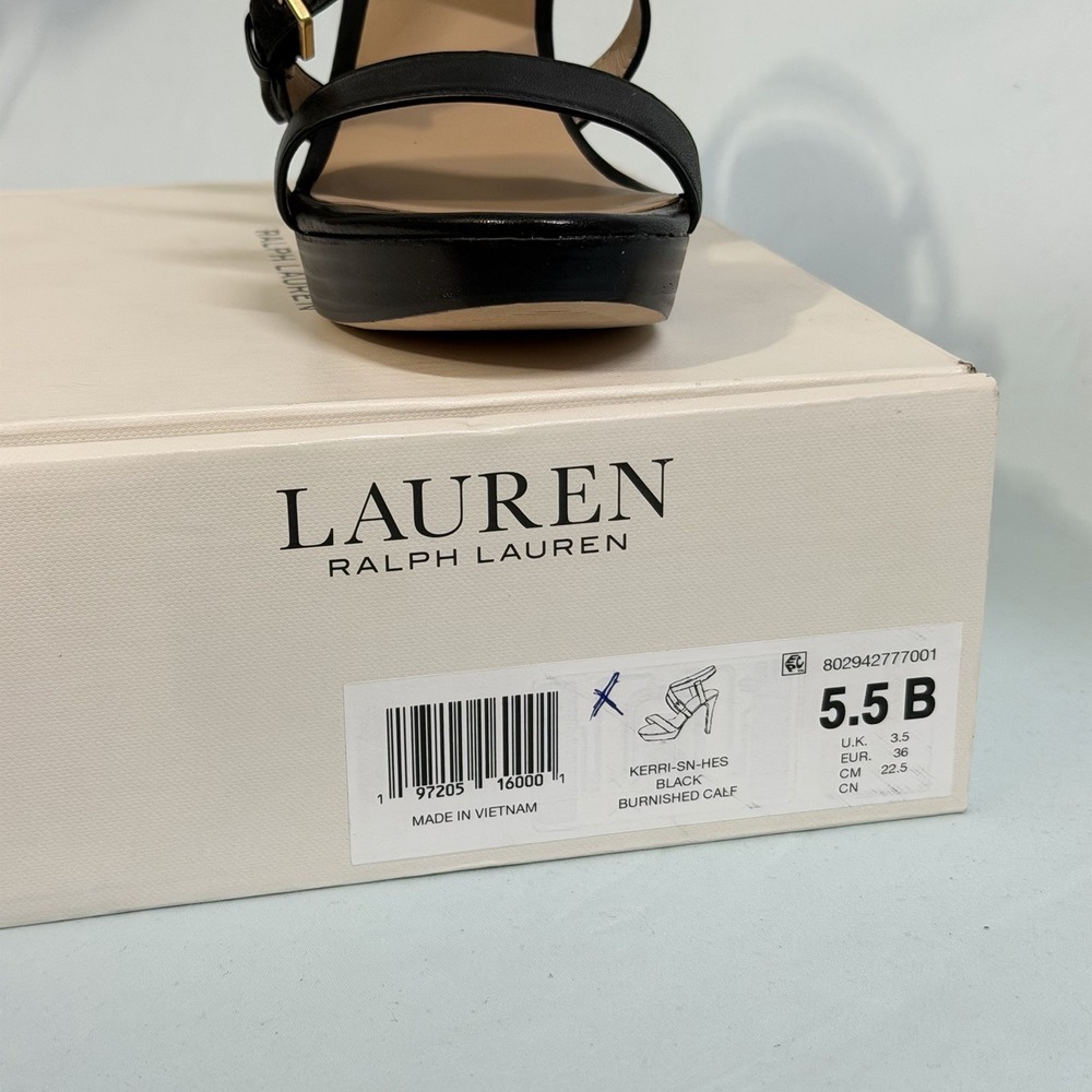 Lauren Ralph Lauren Size-5.5 B Kerri Burnished Black Leather Strappy Heel - Picture 3 of 10